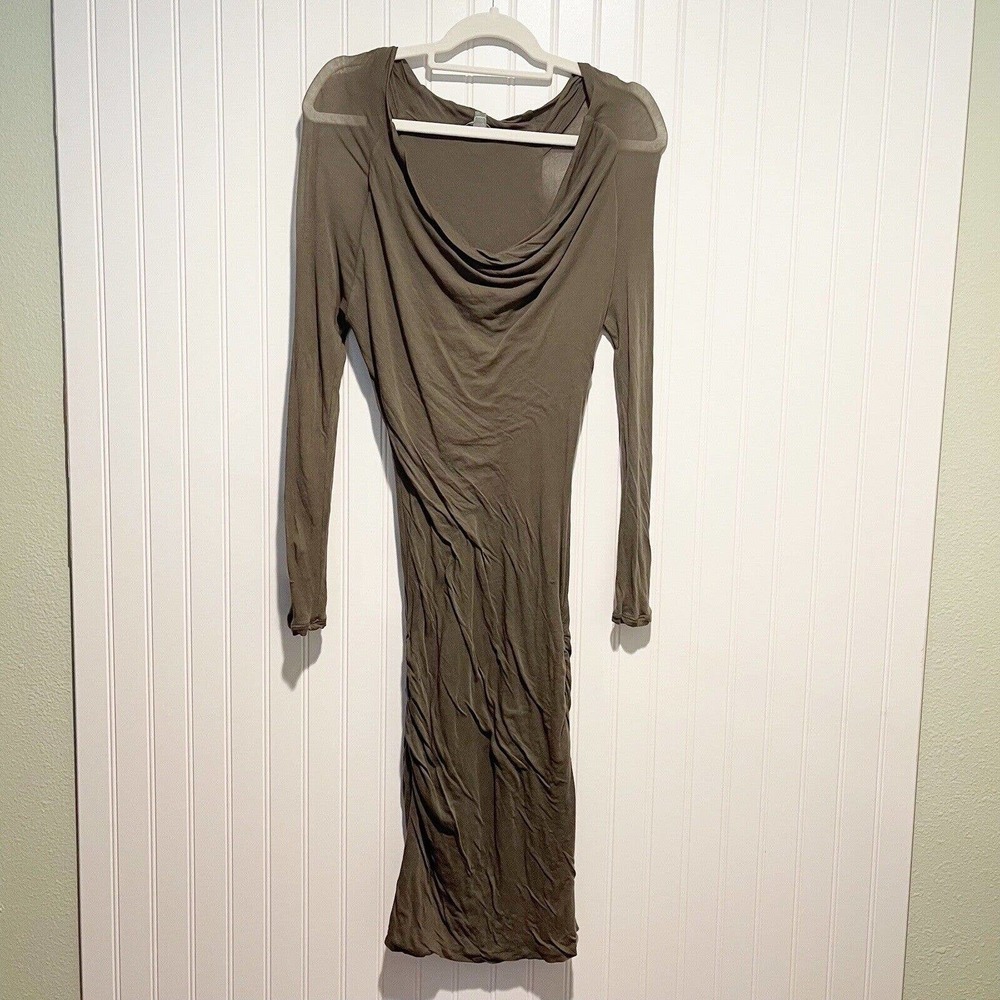 James Perse Olive Bodycon Dress Cowl Neck Sheer Sleeves Size Medium